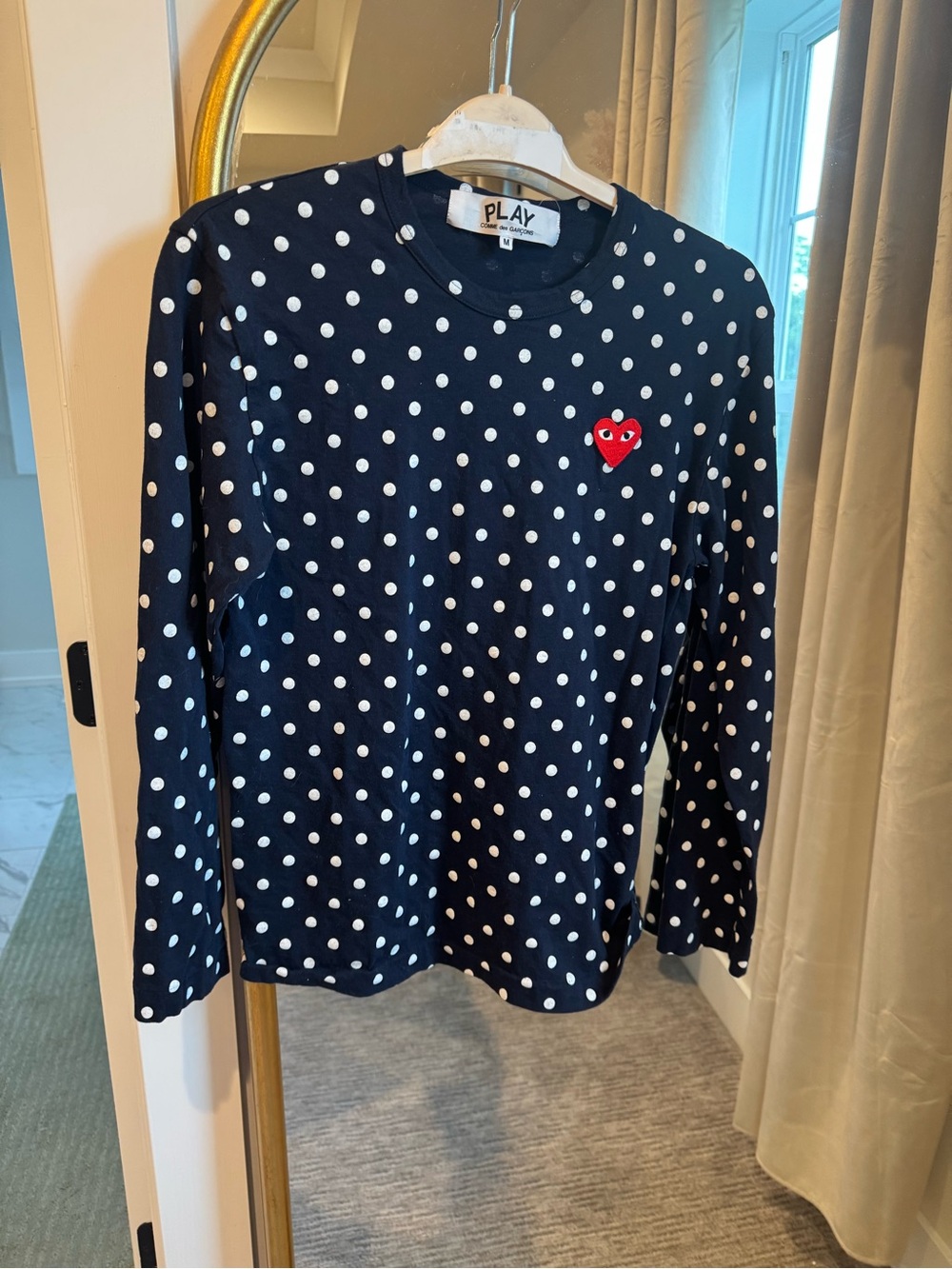 Comme des Garcons PLAY Navy & White Polka Dot Long-Sleeve Tee with Red Heart